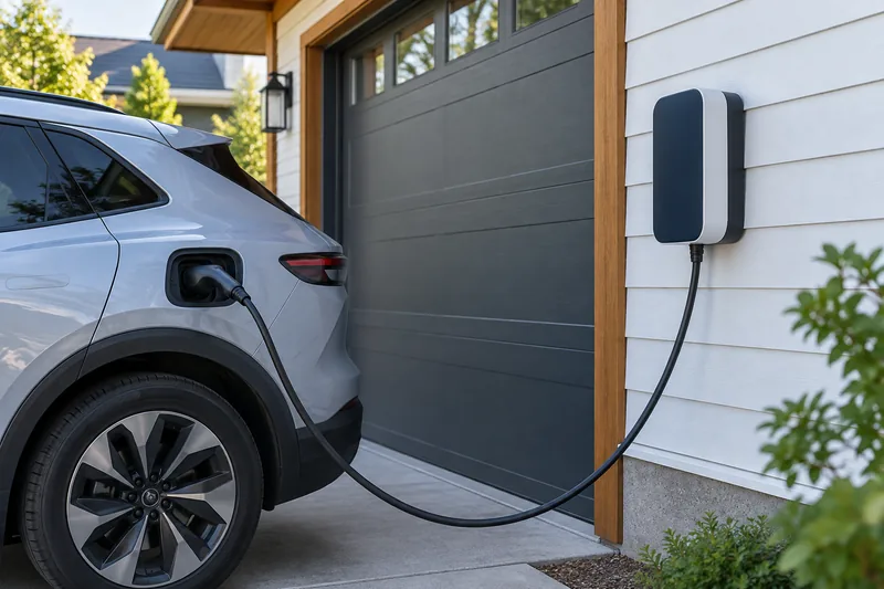 An electric vehicle connected to a wall-mounted home charger