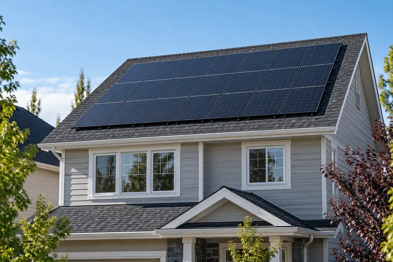 Solar panels arranged on a suburban home’s pitched roof